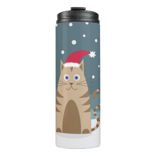 Cartoon xmas cat wearing santa hat in snow  thermal tumbler