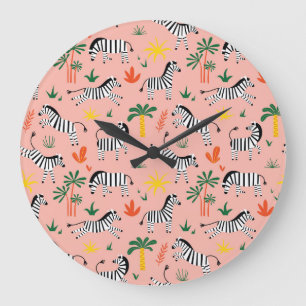 Cartoon Zebras Funny Seamless Pattern Large Clock