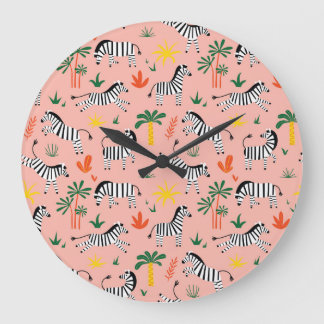 Cartoon Zebras Funny Seamless Pattern Large Clock