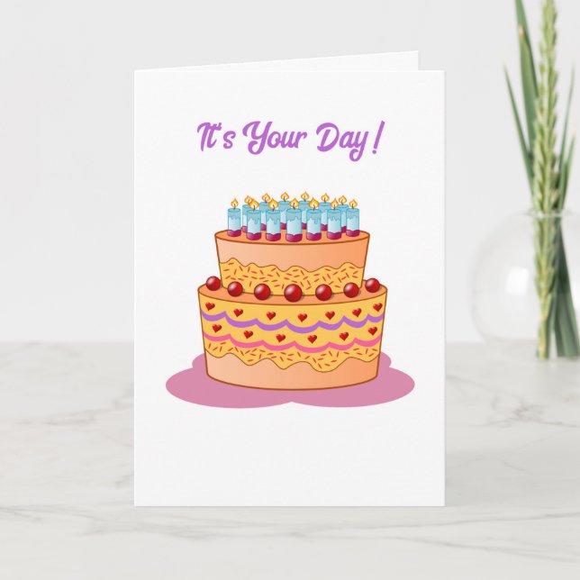 Cartooned Birthday Cake Birthday Card (Front)