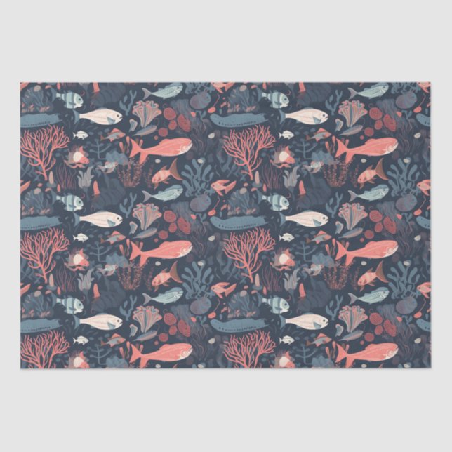 Cartoonish Fish and Sea Life Repeating Pattern Tissue Paper (Front)