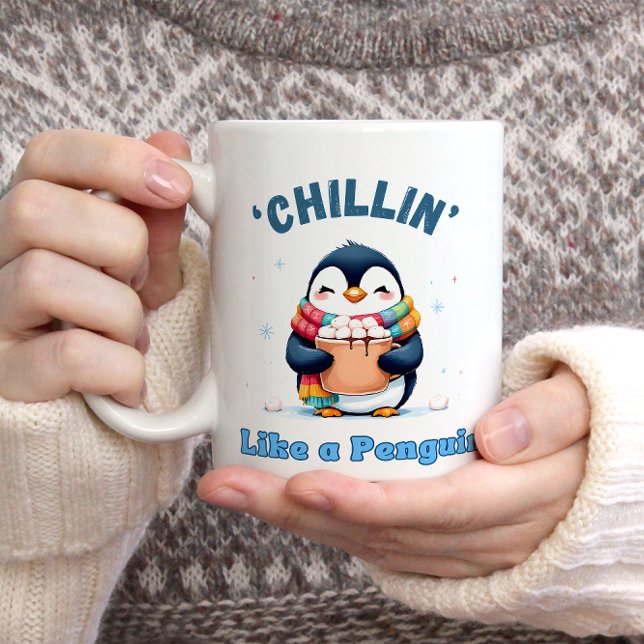 Cartoonish Penguin, Chillin Like a Penguin Winter Two-Tone Coffee Mug (Creator Uploaded)