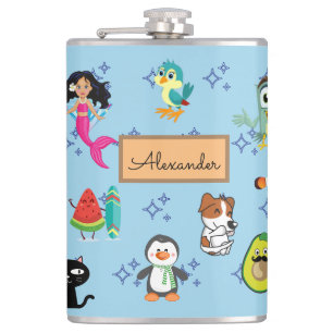 Cartoons sparkles cute blue kids cartoons  hip flask