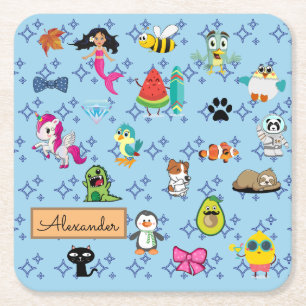 Cartoons sparkles cute blue kids cartoons name  square paper coaster