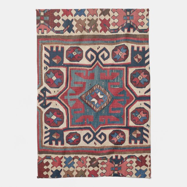 Cartouche Star :: 19th Century Colorful Red Blue Tea Towel (Vertical)