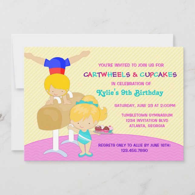 Cartwheels and Cupcakes Gymnastics Birthday Party Invitation (Front)