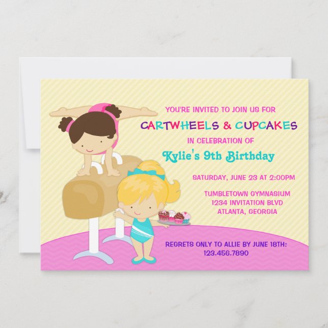 Cartwheels and Cupcakes Gymnastics Birthday Party Invitation (Front)