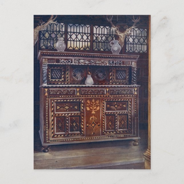 Carved and Inlaid Oak Court Cupboard, Edwin Foley Postcard (Front)