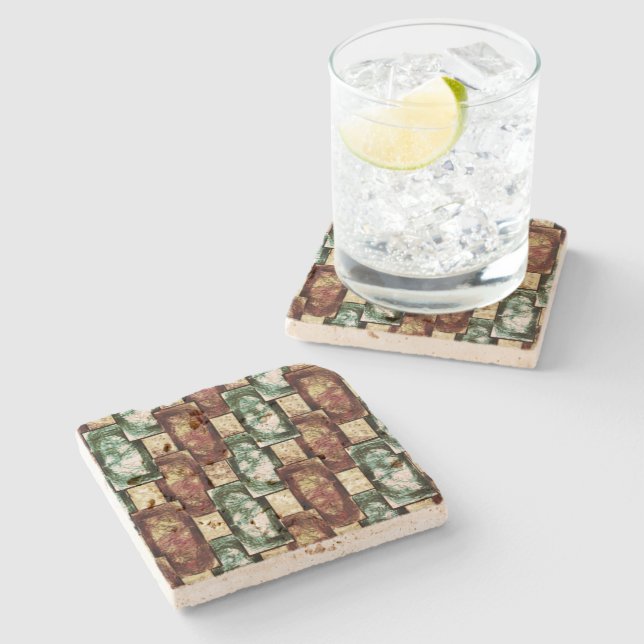 Carved and spotted brown green rectangular pieces stone coaster (Side)