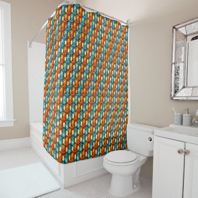 Carved and stained cyan orange rectangular plates shower curtain (In Situ)