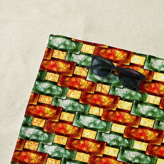 Carved and stained green orange rectangular plates beach towel (In Situ)