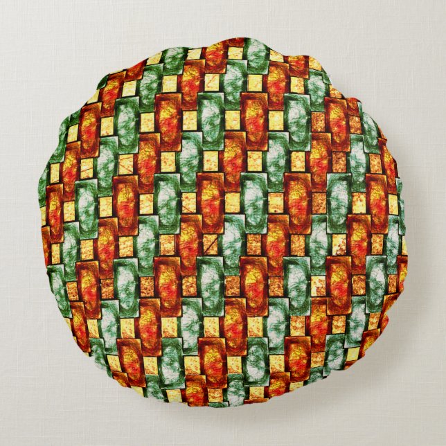 Carved and stained green orange rectangular plates round cushion (Back)