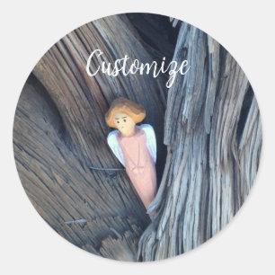 Carved angel in tree Thunder Cove Classic Round Sticker