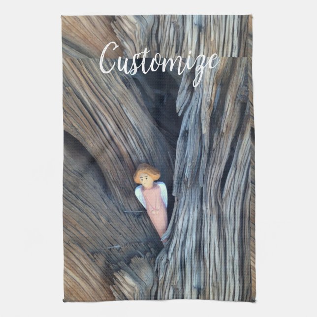 Carved angel in tree Thunder Cove Tea Towel (Vertical)