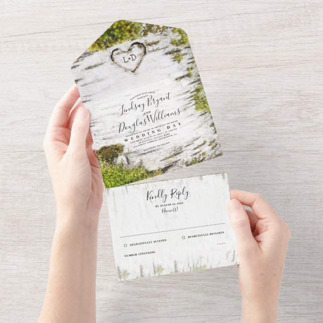 Carved Birch Tree Heart Rustic Country Wedding All In One Invitation (Tearaway)