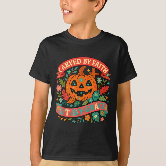 Carved By Faith Lit Grace Cute Fall Pumpkin  T-Shirt (Front)
