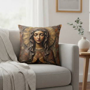 Carved Devotion  Wooden Mary Cushion