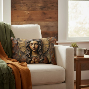 Carved Devotion  Wooden Mary Decorative Cushion