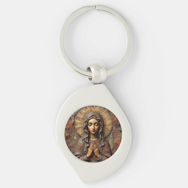 Carved Devotion  Wooden Mary Key Ring (Front)