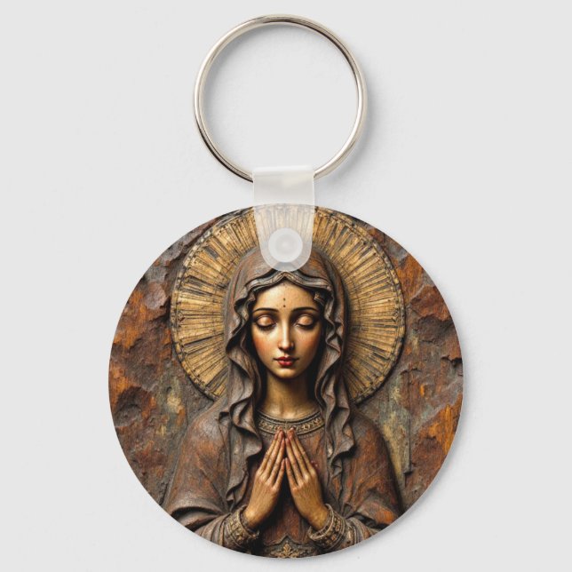 Carved Devotion  Wooden Mary Key Ring (Front)