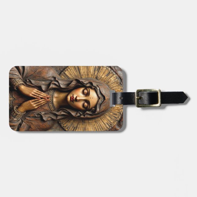 Carved Devotion  Wooden Mary Luggage Tag (Front Horizontal)
