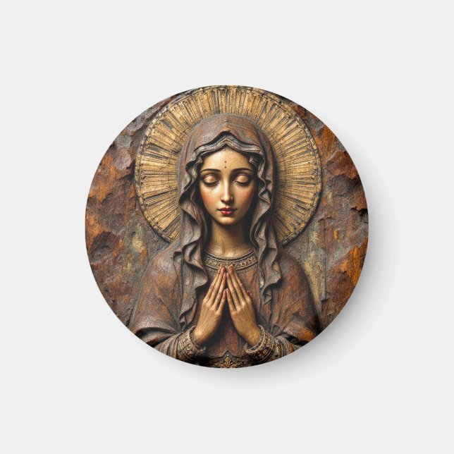 Carved Devotion  Wooden Mary Magnet (Front)