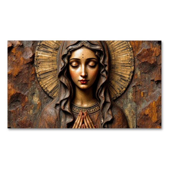 Carved Devotion  Wooden Mary Magnetic Business Card (Front)