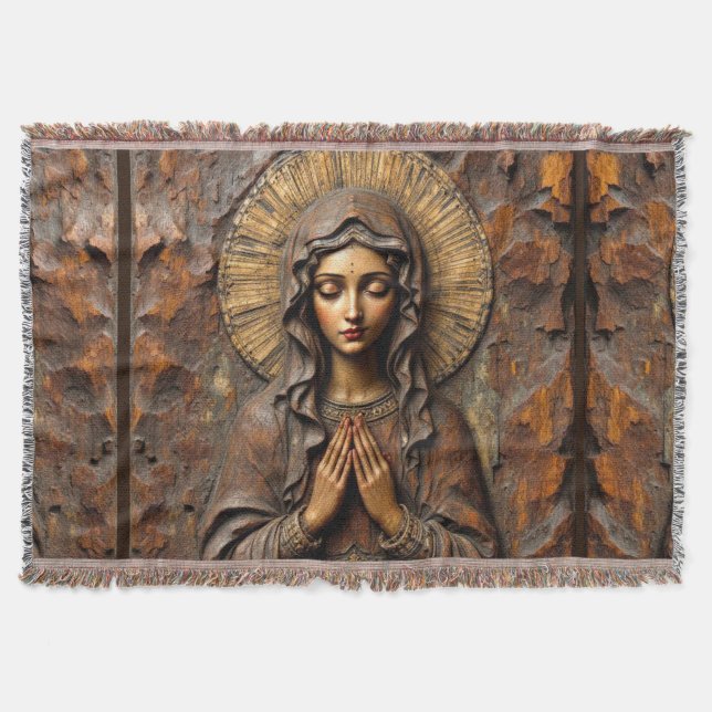 Carved Devotion  Wooden Mary Throw Blanket (Front)