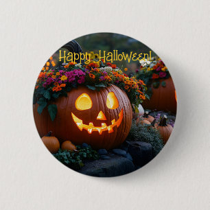 Carved Halloween pumpkins decorated with flowers 6 Cm Round Badge
