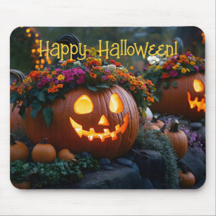 Carved Halloween pumpkins decorated with flowers Mouse Pad