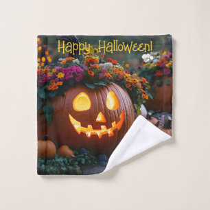 Carved Halloween pumpkins decorated with flowers Wash Cloth
