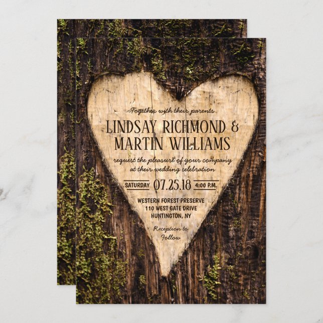 Carved Heart Country Rustic Tree Wedding Invitation (Front/Back)