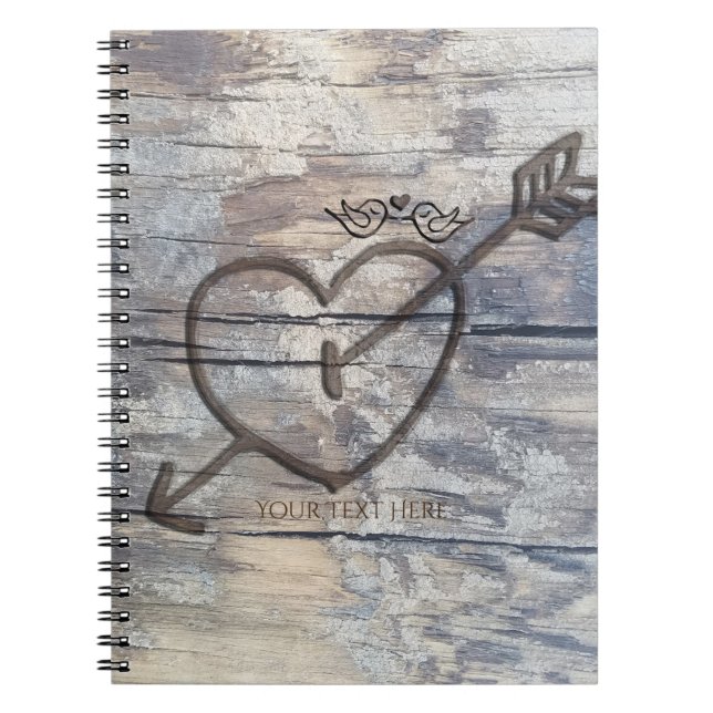 Carved Heart in Wood Love Birds Rustic Notebook (Front)