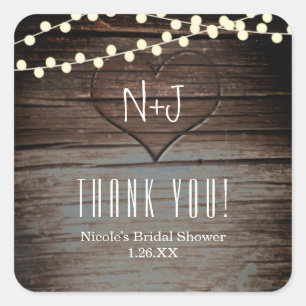 Carved Heart in Wood & String Lights Rustic Favour Square Sticker