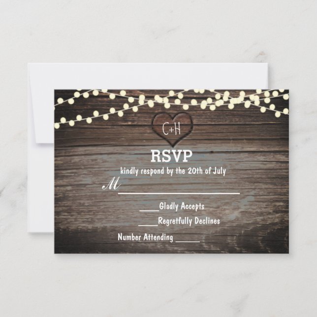 Carved Heart in Wood & String Lights Rustic RSVP Card (Front)
