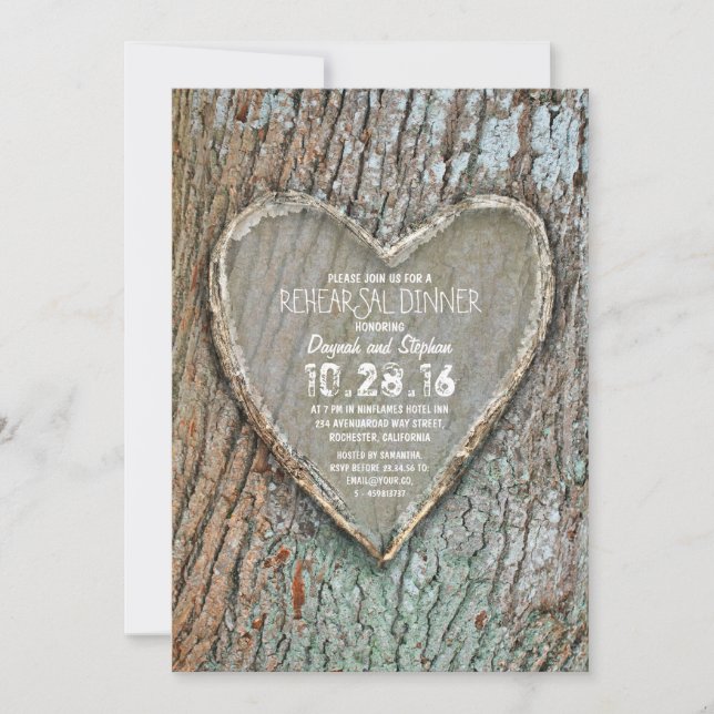 Carved heart rustic country tree rehearsal dinner invitation (Front)