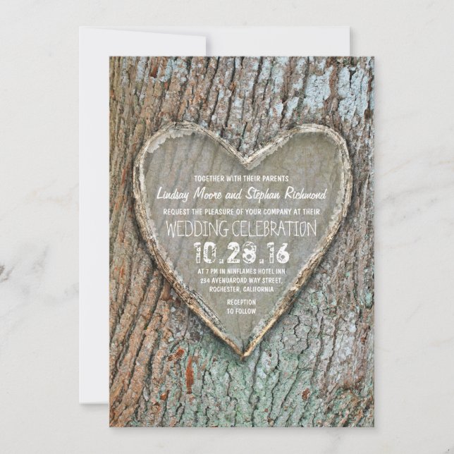Carved heart rustic country tree wedding invites (Front)