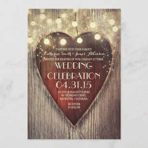 carved heart string lights wooden wedding invites