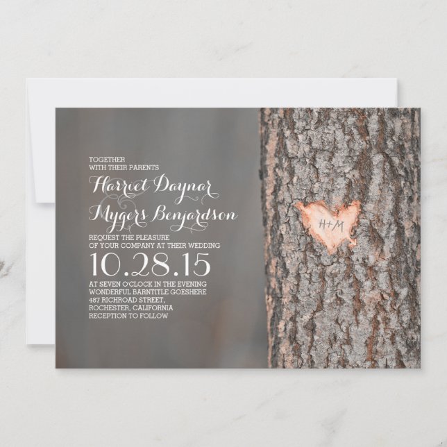 carved heart tree rustic country wedding invitation (Front)