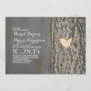 carved heart tree rustic country wedding invitation