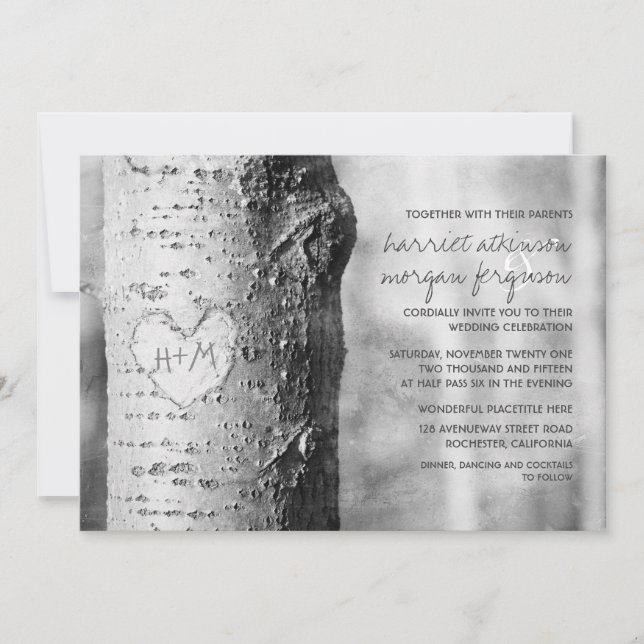 carved heart tree rustic wedding invitations (Front)