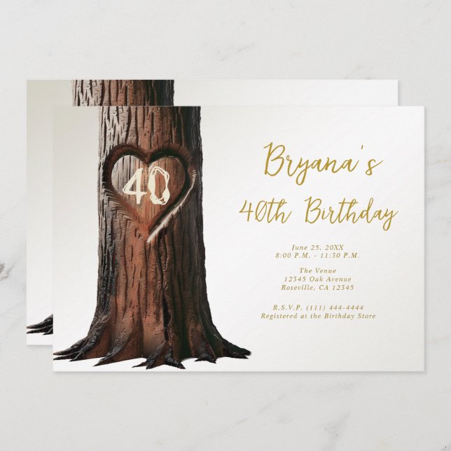 Carved Heart Tree Stump Rustic Minimal Birthday  Invitation (Front/Back)