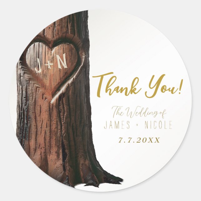 Carved Heart Tree Stump Rustic Minimal Wedding Classic Round Sticker (Front)