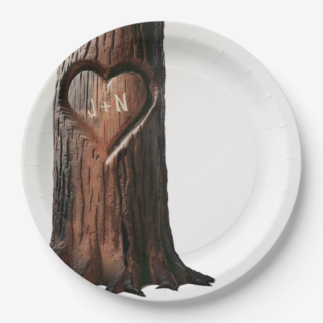 Carved Heart Tree Stump Rustic Minimal Wedding Paper Plate (Front)