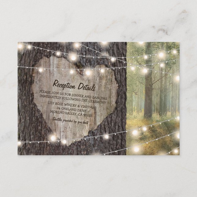 Carved Heart Tree Wedding | Rustic String Lights Enclosure Card (Front)