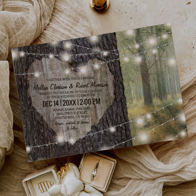 Carved Heart Tree Wedding | Rustic String Lights Invitation (Creator Uploaded)