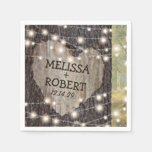 Carved Heart Tree Wedding Rustic String Lights Napkin