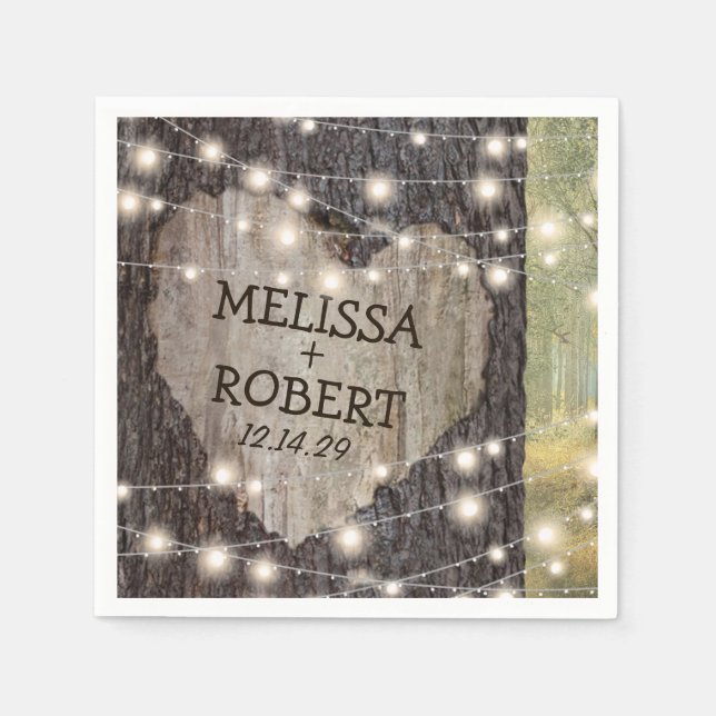 Carved Heart Tree Wedding | Rustic String Lights Napkin (Front)