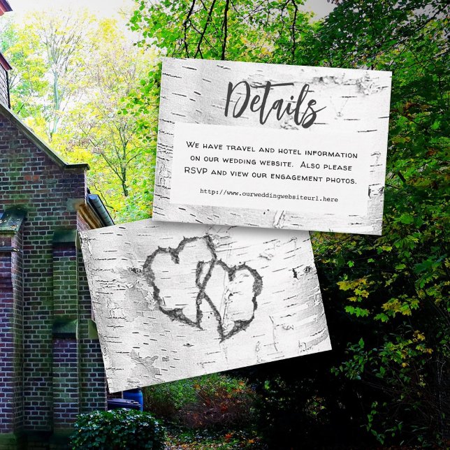 Carved Hearts Birch Bark Wedding Details Enclosure Card (Creator Uploaded)