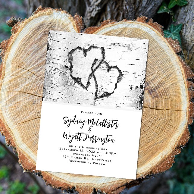 Carved Hearts White Birch Bark Wedding Invitation (Creator Uploaded)